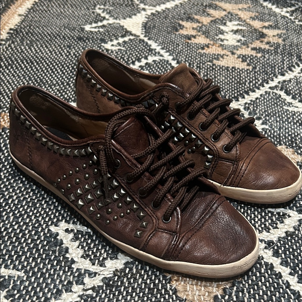 Women’s Frye Brown Leather Studded Sneakers, Size 8